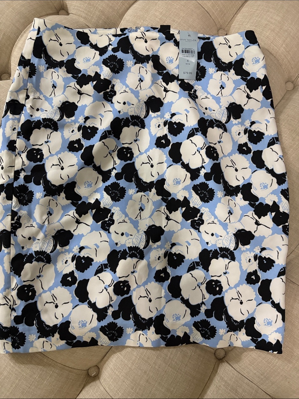 Ann Taylor Factory Blue, White & Black Floral Pencil Skirt